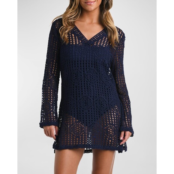La Blanca Crochet Swim Cover Up Womens Medium Indigo Tunic Dress V Neck LB3ZW57 - Picture 1 of 12
